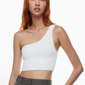 Babaton White Sculpt Asymmetrical Knit Crop Tank Top